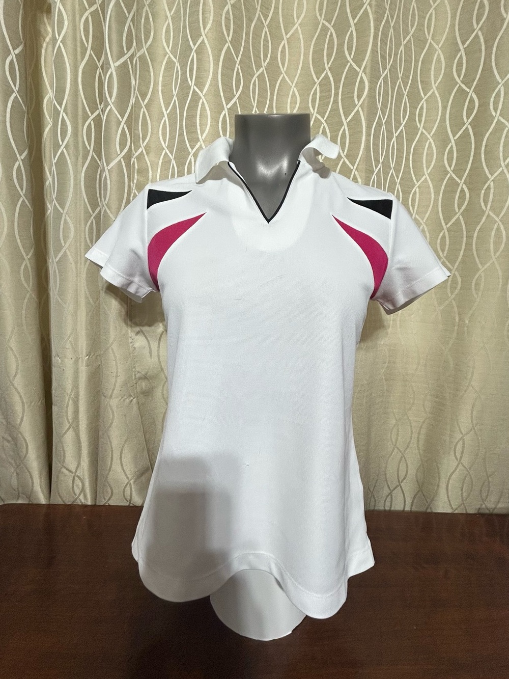 Women’s E P Tour Tech White Polo Top with Pink Accent Panels